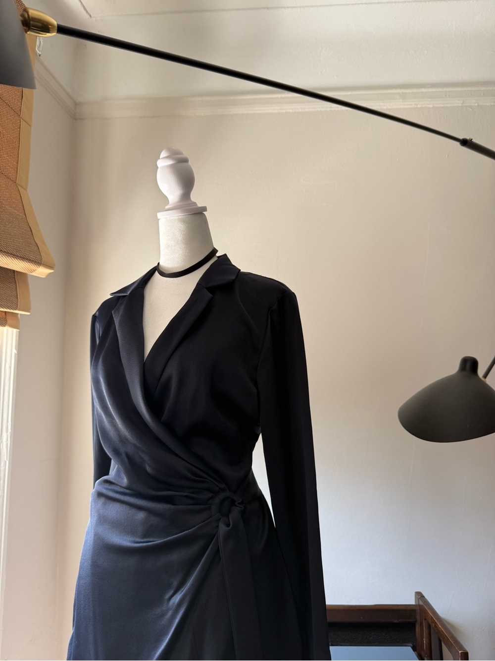 Mango Navy Long-Sleeve Wrap Dress with Tie Detail